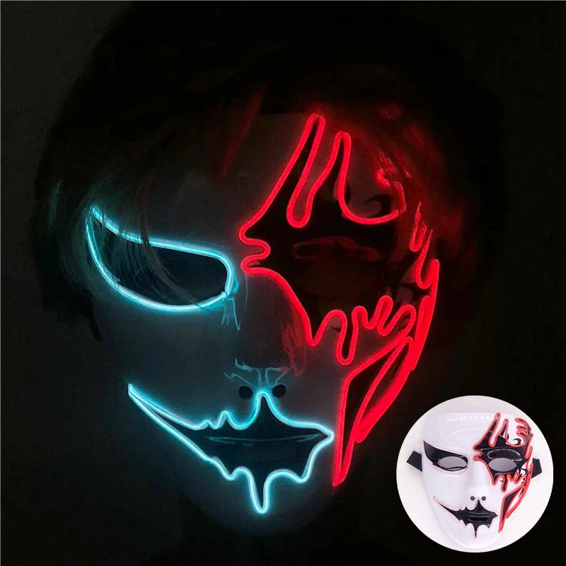 LED Purge Mask – Hand-Painted Neon Light-Up Full Face Mask with Flashing Modes, PVC + EL Wire, for Halloween, Cosplay & Parties