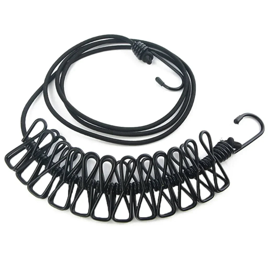 Portable Elastic Clothesline with 12 Clips – Stretchable, Windproof Travel Laundry Drying Line for Indoor & Outdoor Use