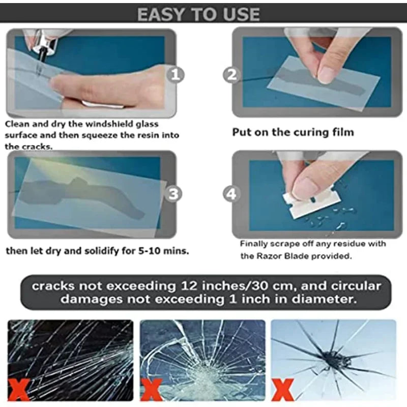 2 Pc Windshield Repair Kit – Automotive Glass Crack & Chip Fix Tool with Resin, Curing Films & Blades – DIY Car Window Repair