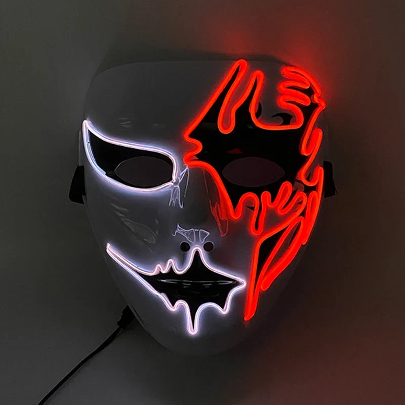 LED Purge Mask – Hand-Painted Neon Light-Up Full Face Mask with Flashing Modes, PVC + EL Wire, for Halloween, Cosplay & Parties