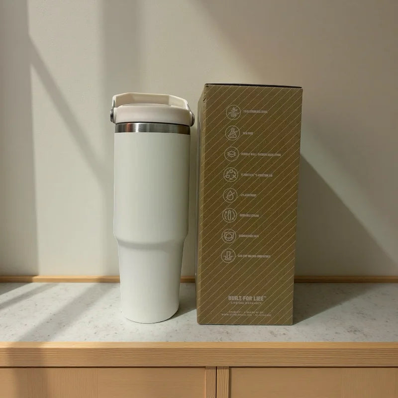 30oz Stainless Steel Vacuum Flask with Straw – 12-Hour Hot & Cold Retention – Leakproof Travel Mug for Work, Gym, and Outdoors