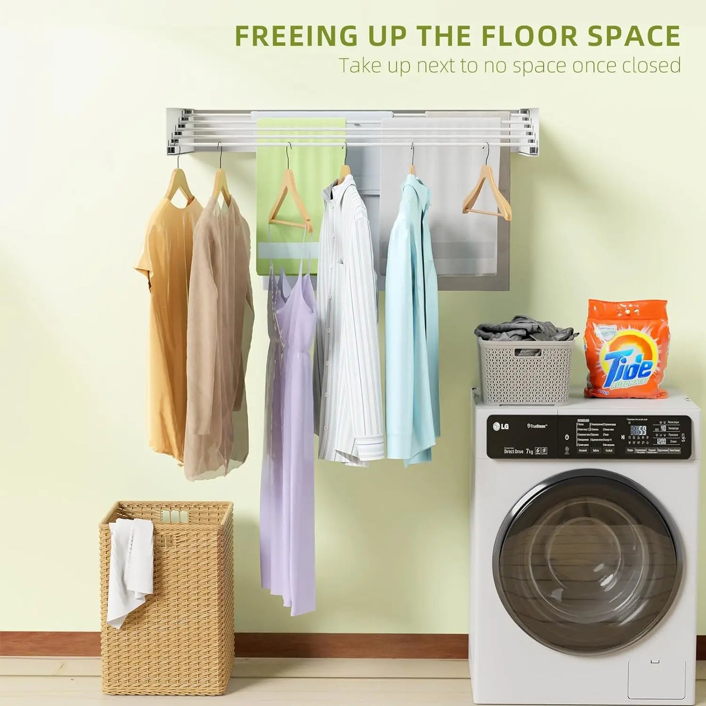 Foldable Wall-Mounted Drying Rack – Space-Saving Laundry Hanger with 5 Aluminum Rods, Heavy-Duty Clothes Dryer Rack
