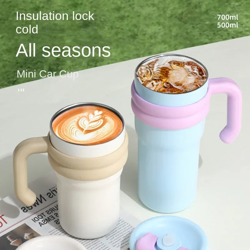 New summer minimalist double-layer anti drop handle cup stainless steel cartoon car cup portable dual drink thermos cup