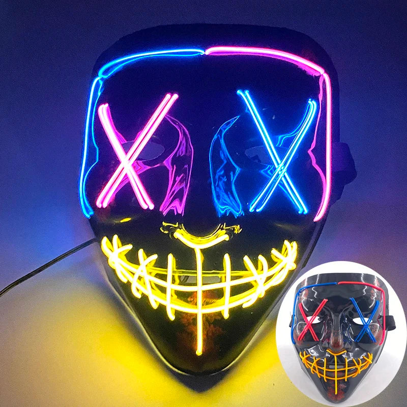 LED Purge Mask – Hand-Painted Neon Light-Up Full Face Mask with Flashing Modes, PVC + EL Wire, for Halloween, Cosplay & Parties