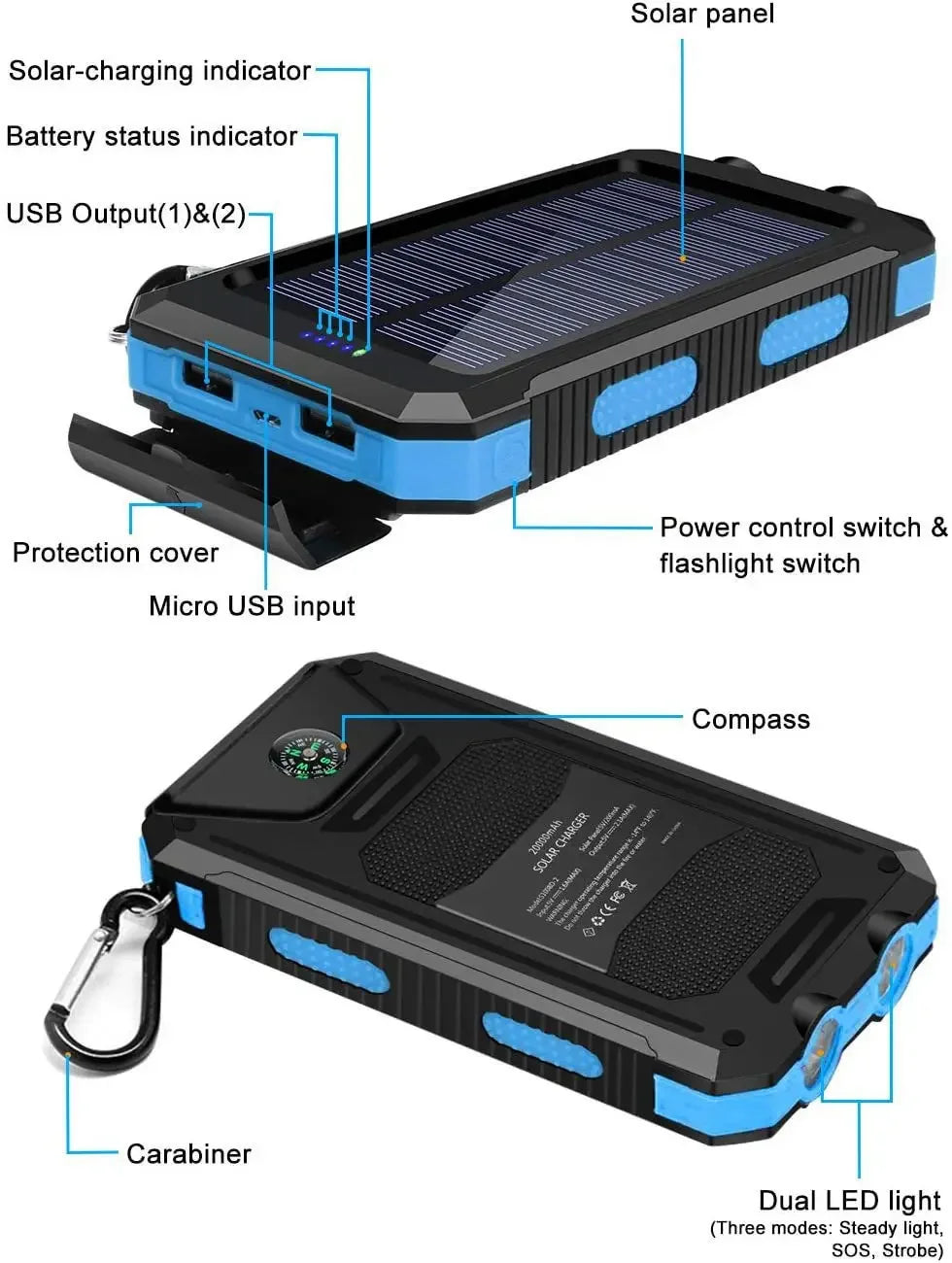 Latest 20000mAh Solar Power Bank Portable Large Capacity Charger Compatible with IOS Android USB output Fast Charging ourdoor