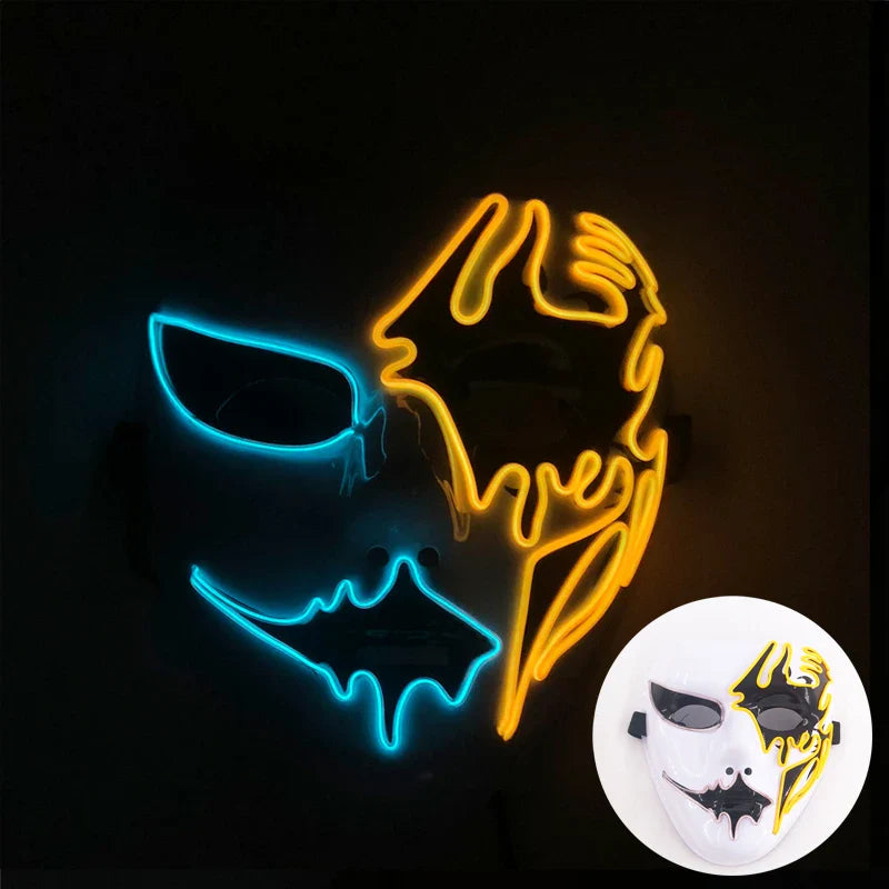 LED Purge Mask – Hand-Painted Neon Light-Up Full Face Mask with Flashing Modes, PVC + EL Wire, for Halloween, Cosplay & Parties