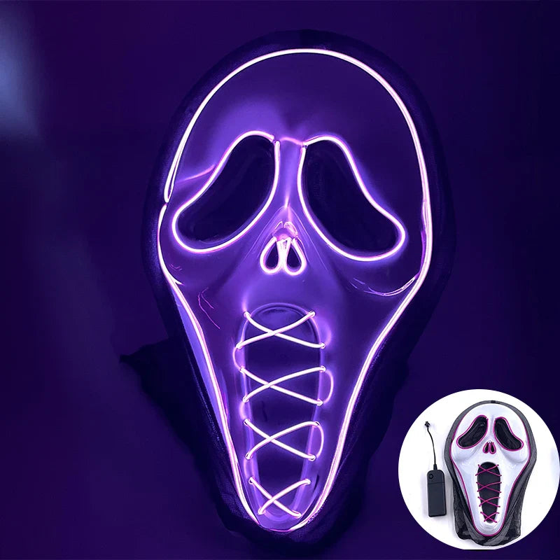 LED Purge Mask – Hand-Painted Neon Light-Up Full Face Mask with Flashing Modes, PVC + EL Wire, for Halloween, Cosplay & Parties