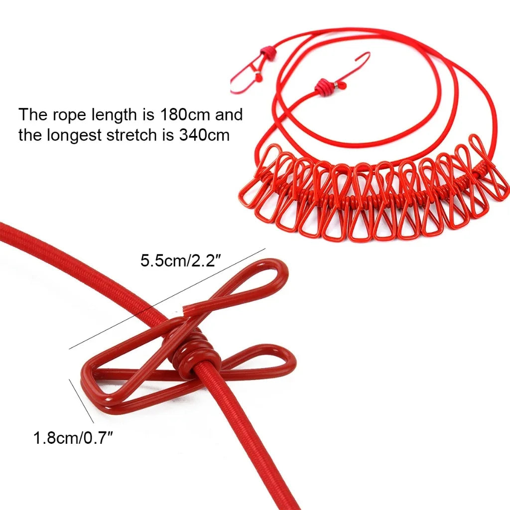 Portable Elastic Clothesline with 12 Clips – Stretchable, Windproof Travel Laundry Drying Line for Indoor & Outdoor Use