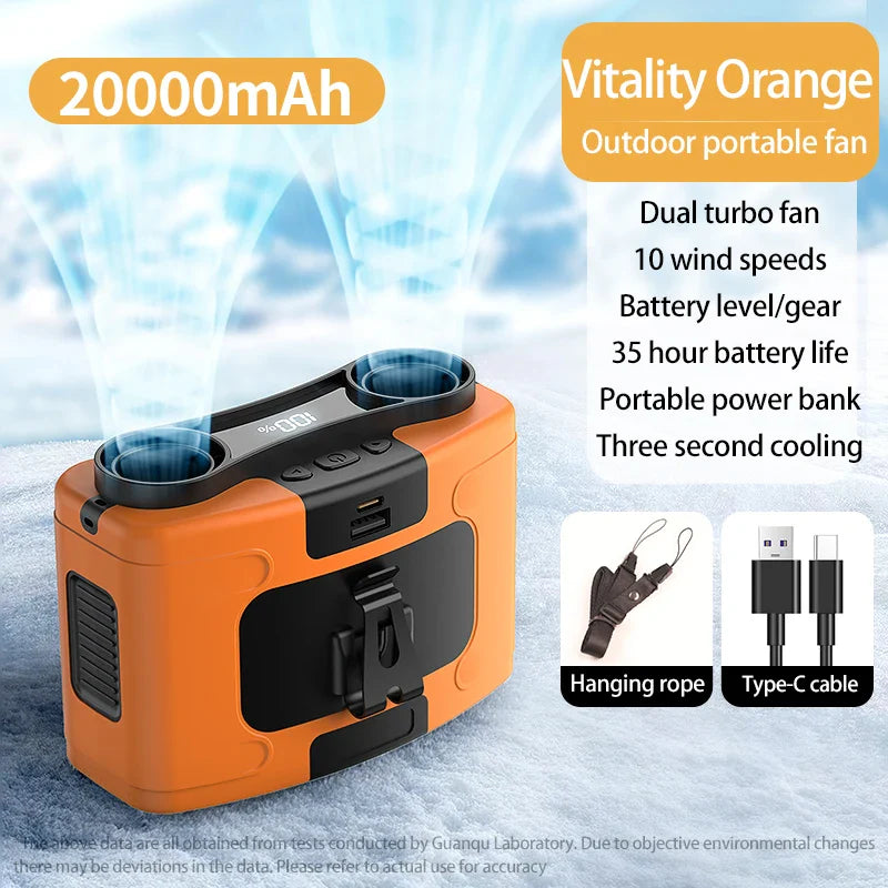 Portable Waist Fan 20000mAh – 3-in-1 Cooling Fan, Power Bank & Flashlight, LED Display, Turbo Airflow, Type-C Rechargeable
