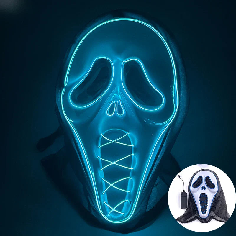 LED Purge Mask – Hand-Painted Neon Light-Up Full Face Mask with Flashing Modes, PVC + EL Wire, for Halloween, Cosplay & Parties