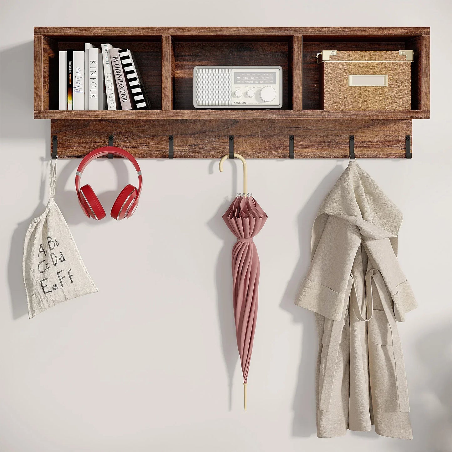 Industrial Coat Rack and Shoe Bench Set with 3 Storage Cubbies