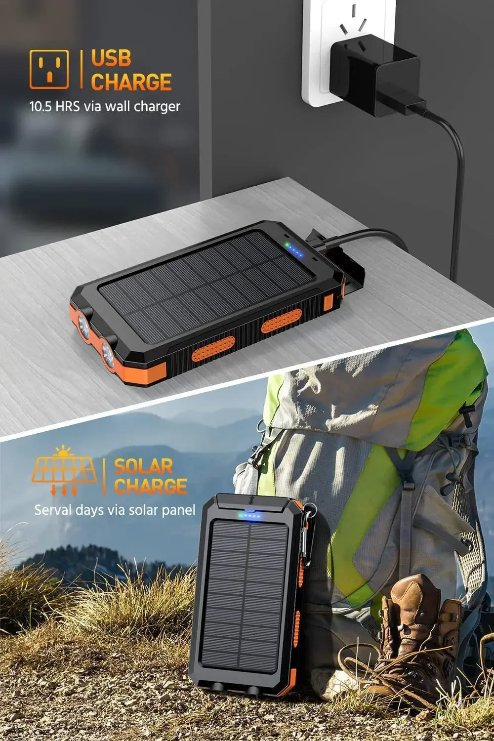 Latest 20000mAh Solar Power Bank Portable Large Capacity Charger Compatible with IOS Android USB output Fast Charging ourdoor