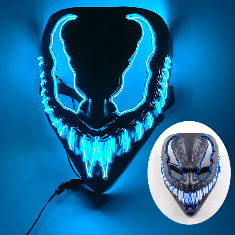 LED Purge Mask – Hand-Painted Neon Light-Up Full Face Mask with Flashing Modes, PVC + EL Wire, for Halloween, Cosplay & Parties