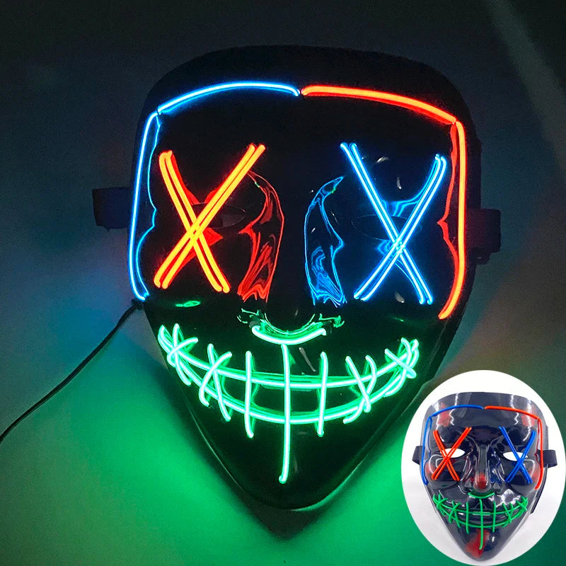 LED Purge Mask – Hand-Painted Neon Light-Up Full Face Mask with Flashing Modes, PVC + EL Wire, for Halloween, Cosplay & Parties