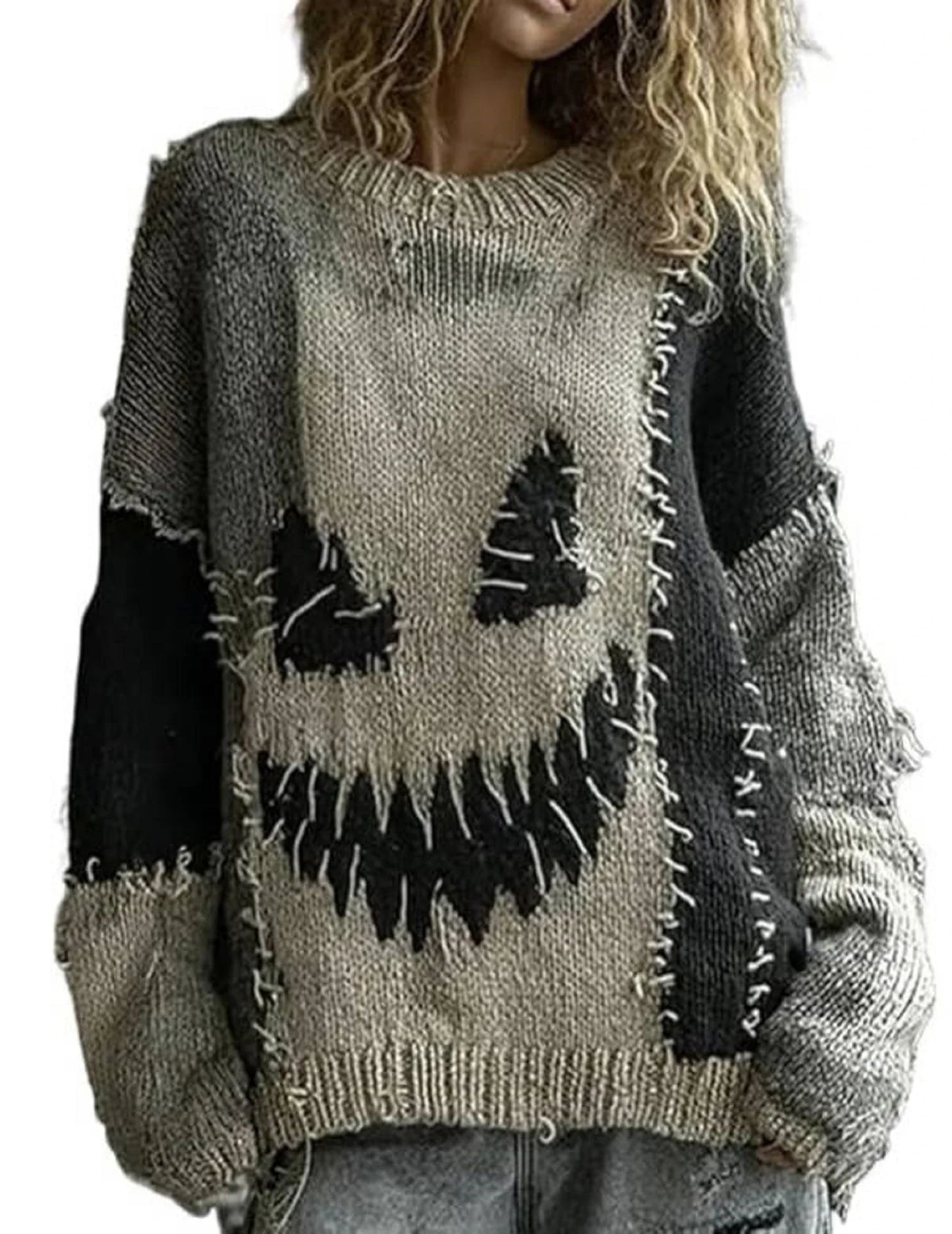 Halloween Spooky Face Hoodie – Printed Patchwork Sweatshirt with Pumpkin & Ghost Design, Warm Loose Fit Pullover for Autumn Parties