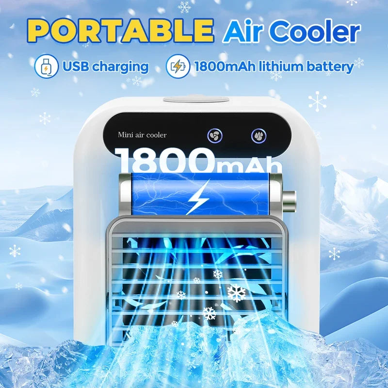 Mini Portable Air Cooler & Humidifier – USB Rechargeable, 2-Speed Fan, 500ml Water Tank – for Home & Office