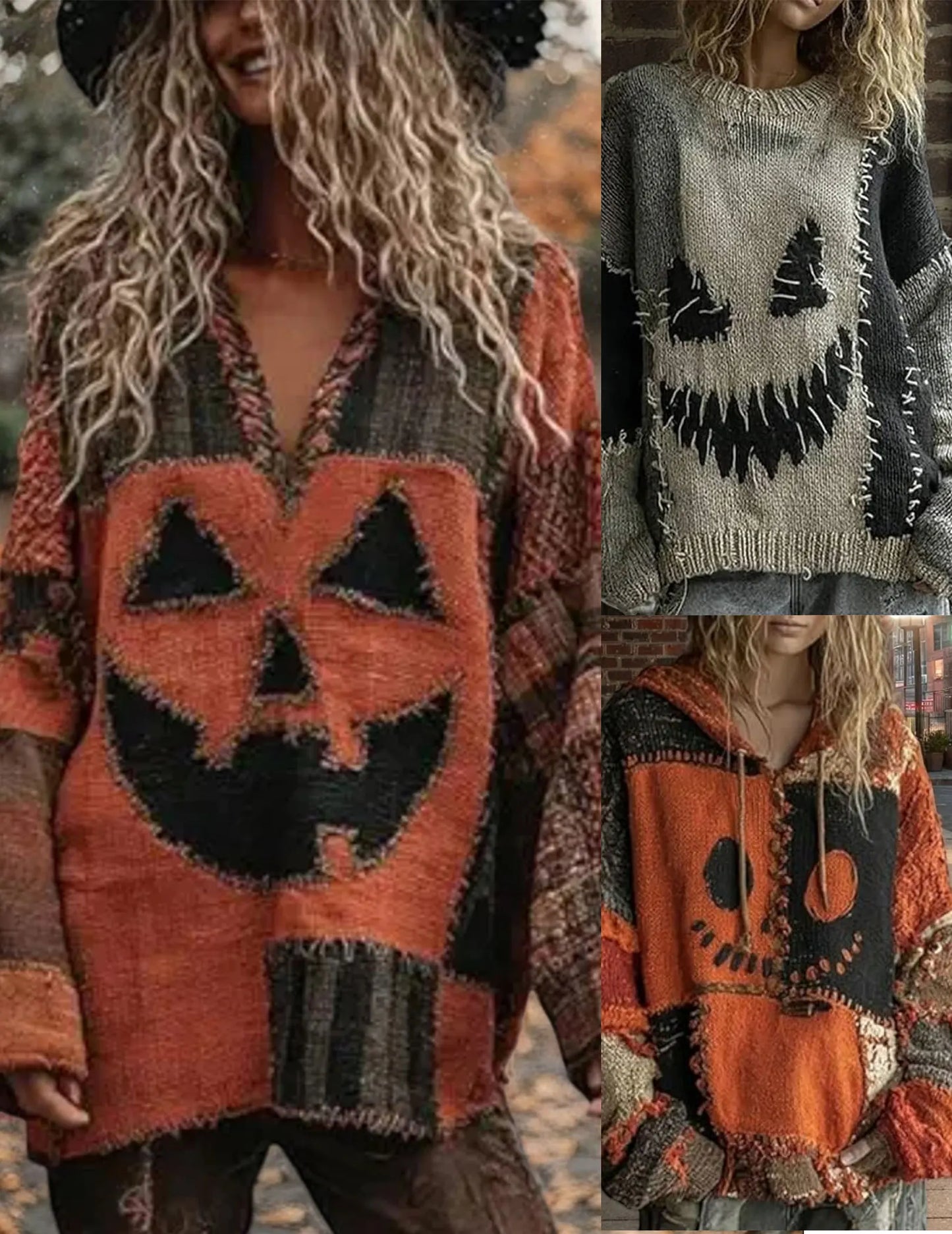 Halloween Spooky Face Hoodie – Printed Patchwork Sweatshirt with Pumpkin & Ghost Design, Warm Loose Fit Pullover for Autumn Parties