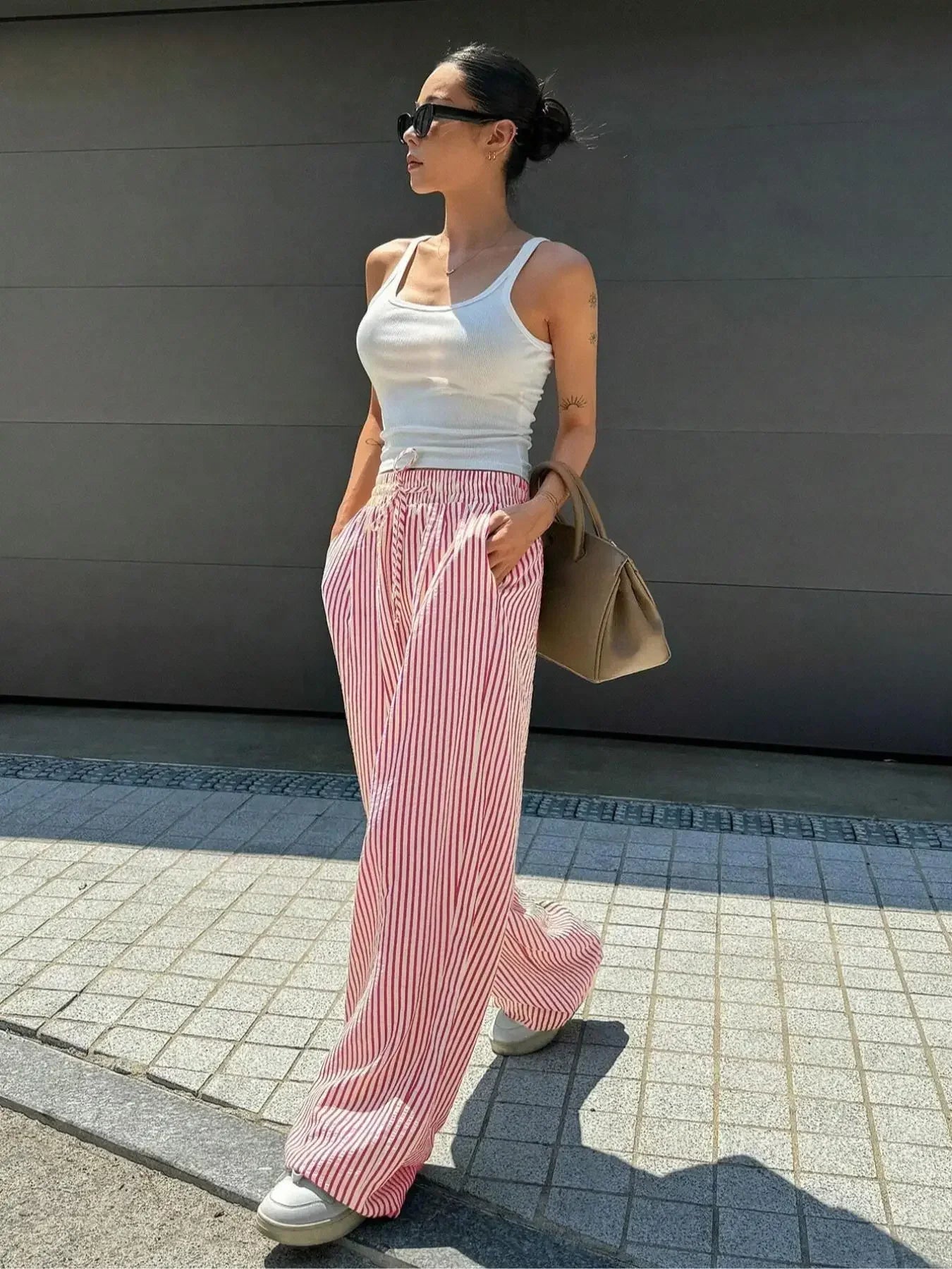 Women's Striped Print Drawstring Waist Wide Leg Pants, Casual Pocket Trousers for Daily Wear, Ladies Bottoms for All Seasons, Womenswear, Summer Clothes Women