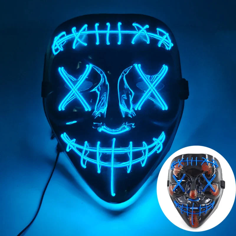 LED Purge Mask – Hand-Painted Neon Light-Up Full Face Mask with Flashing Modes, PVC + EL Wire, for Halloween, Cosplay & Parties