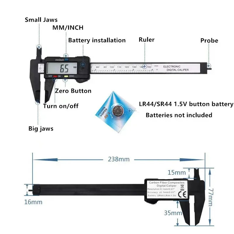Electronic Digital Caliper – 100mm/150mm Carbon Fiber Vernier Gauge with LCD Display for Precision Measuring