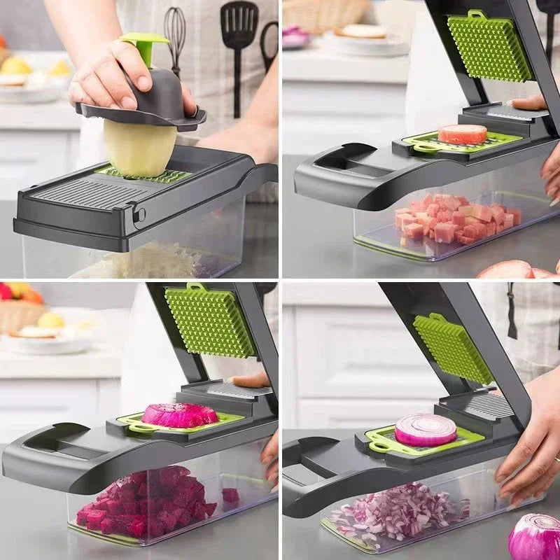 Avichic™ 14/16-in-1 Vegetable Chopper – Multifunctional Food Slicer, Dicer & Cutter with 2L Container, Stainless Steel Blades