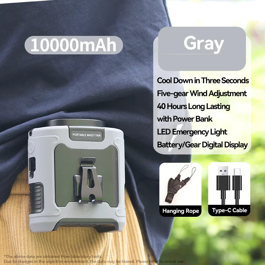 Portable Waist Fan 20000mAh – 3-in-1 Cooling Fan, Power Bank & Flashlight, LED Display, Turbo Airflow, Type-C Rechargeable
