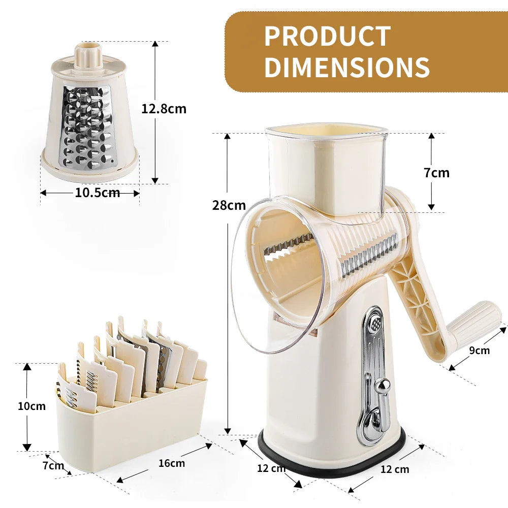 3-in-1 Hand Crank Vegetable Grater – Manual Cheese Shredder & Slicer with Stainless Steel Blades