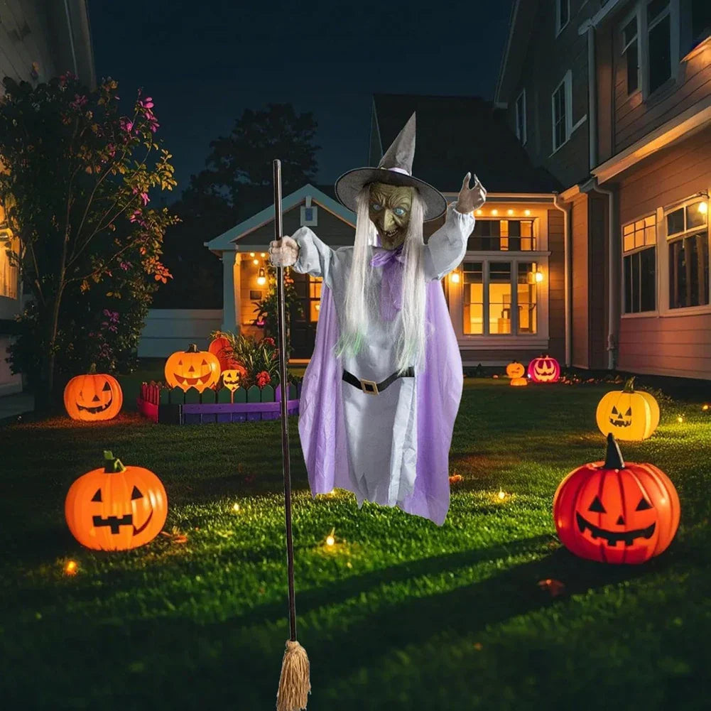 Halloween Flying Witch on Broom – 6ft -180 CM Animated Outdoor Witch Decoration with Luminous Eyes, Hovering Effect, Weatherproof Design