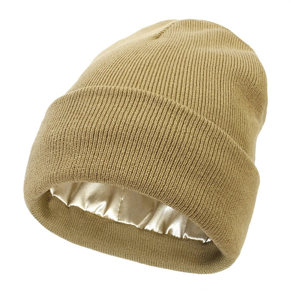 Women's Wool Winter Beanie with Anti-Frizz Silk Lining - Warm Knit Skull Cap for Hair Protection against Static and Breakage - 22 x 23cm