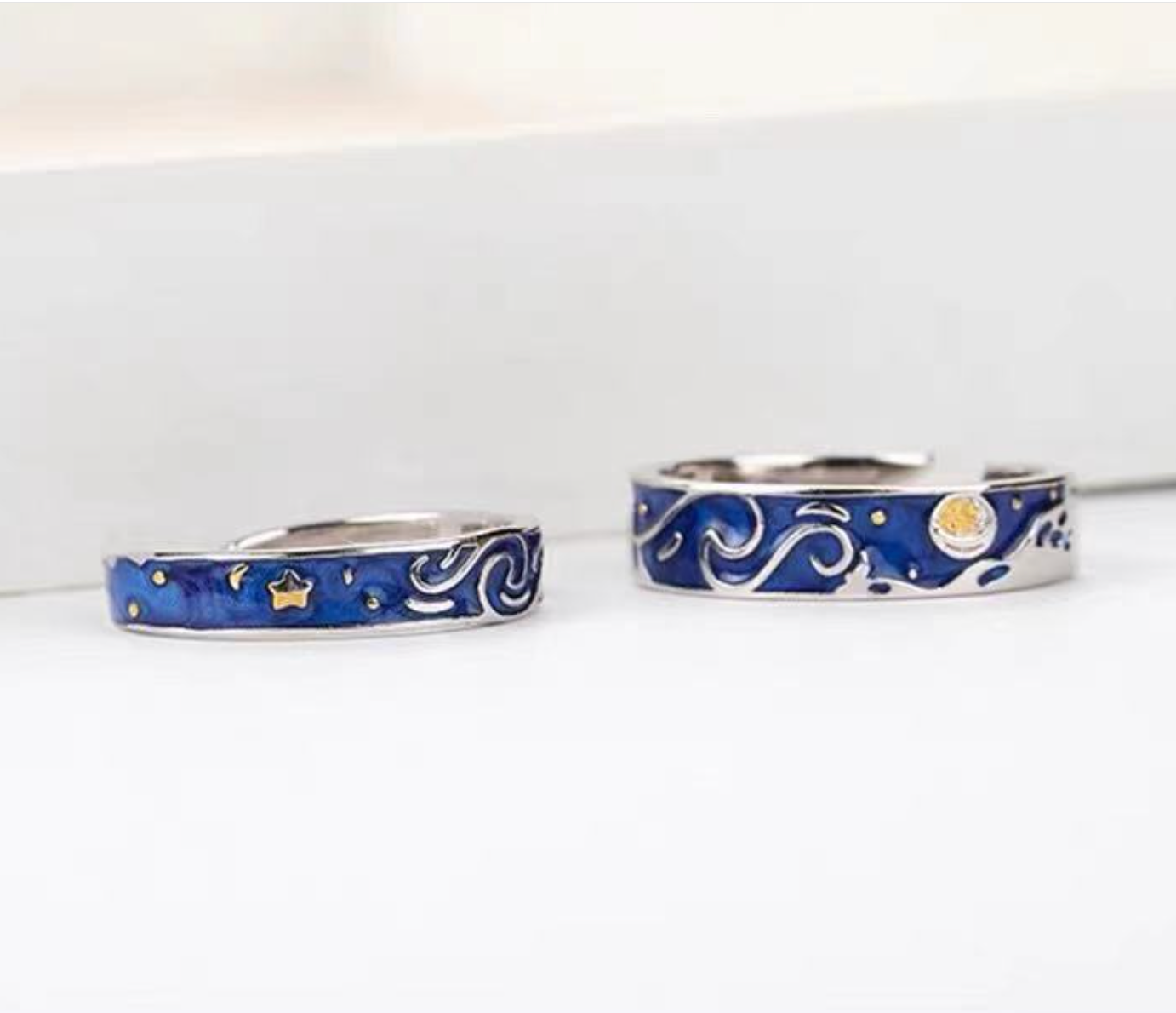 Van Gogh Silver Blue Starry Sky Ring
