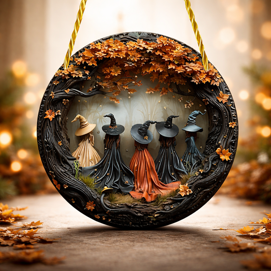 Wall Art Halloween Witch Round Wooden Door Hanging Decor