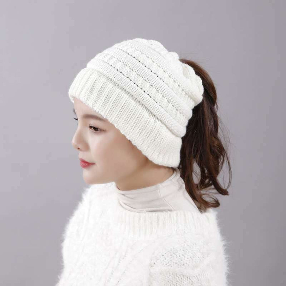 Women's Warm Knitted Winter Beanie Hat - Cozy Messy Bun Gift