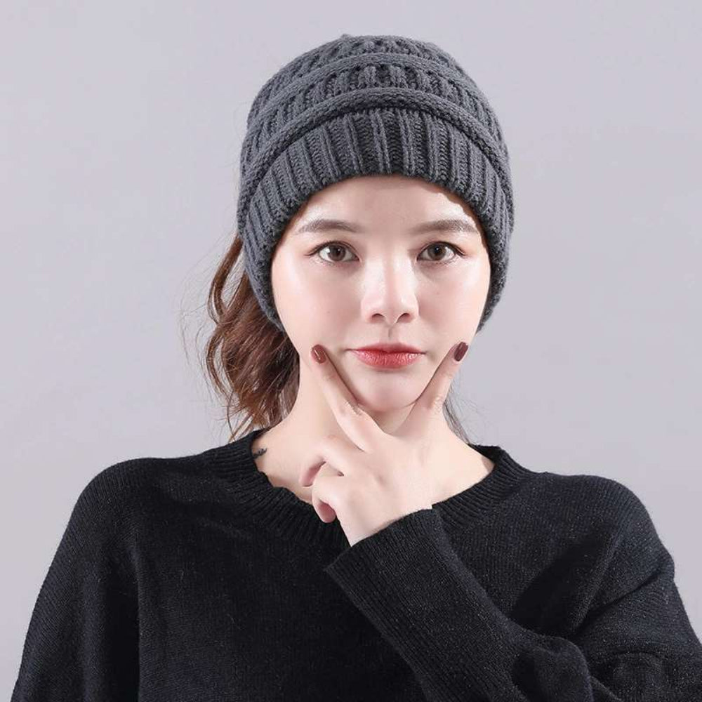Women's Warm Knitted Winter Beanie Hat - Cozy Messy Bun Gift