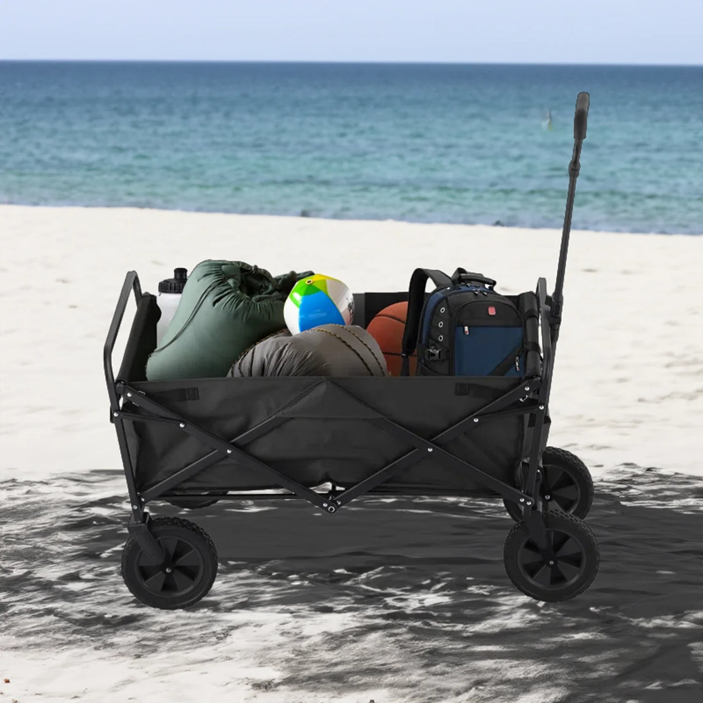 Foldable Collapsible Garden Cart – Heavy Duty Pull Wagon with 150kg Load Capacity, Telescopic Handle, 360° Wheels & Mesh Bottle Holders for Outdoor, Camping, Grocery & Gardening