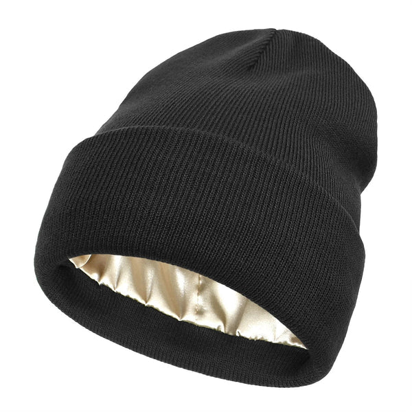 Women's Wool Winter Beanie with Anti-Frizz Silk Lining - Warm Knit Skull Cap for Hair Protection against Static and Breakage - 22 x 23cm