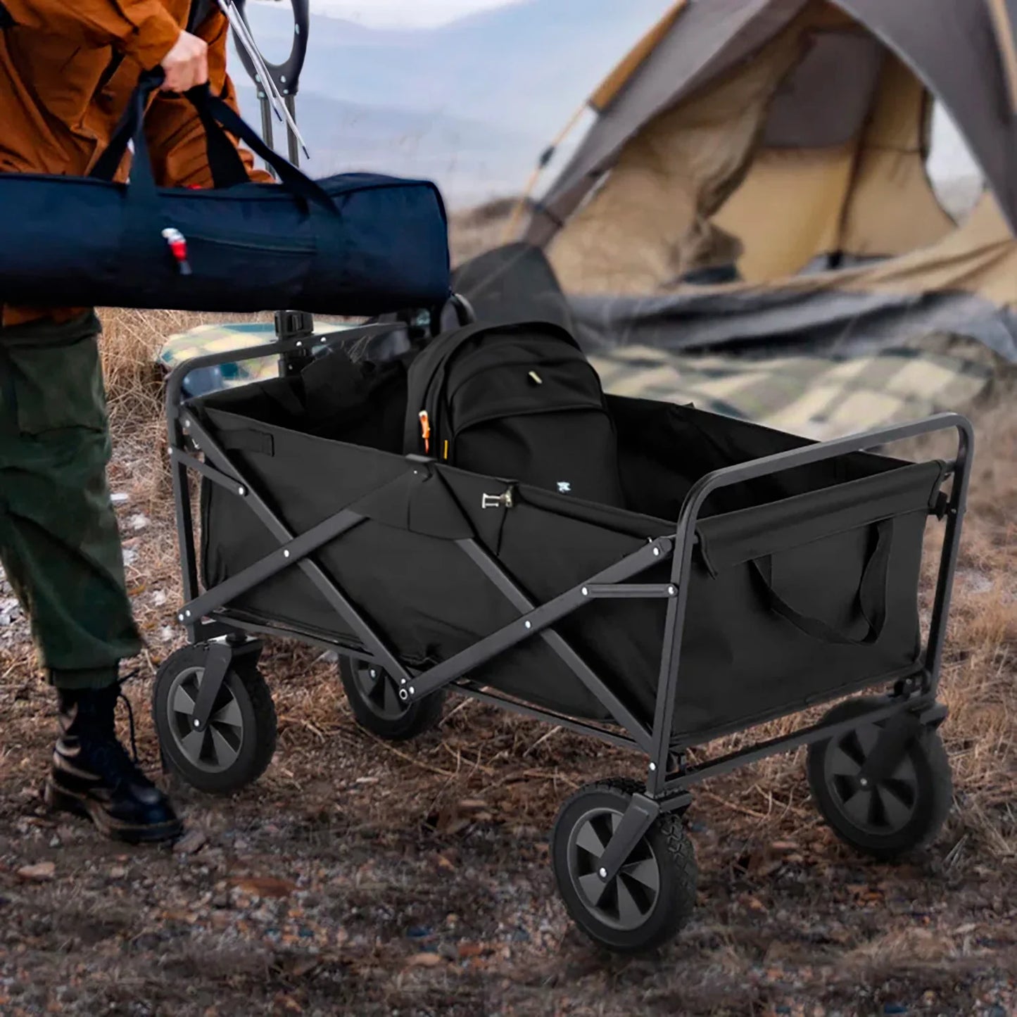 Foldable Collapsible Garden Cart – Heavy Duty Pull Wagon with 150kg Load Capacity, Telescopic Handle, 360° Wheels & Mesh Bottle Holders for Outdoor, Camping, Grocery & Gardening