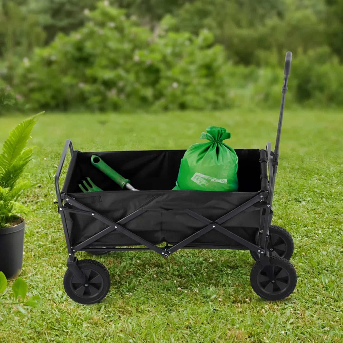 Foldable Collapsible Garden Cart – Heavy Duty Pull Wagon with 150kg Load Capacity, Telescopic Handle, 360° Wheels & Mesh Bottle Holders for Outdoor, Camping, Grocery & Gardening