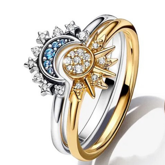 Crystal Statement Ring with Sun and Moon Design