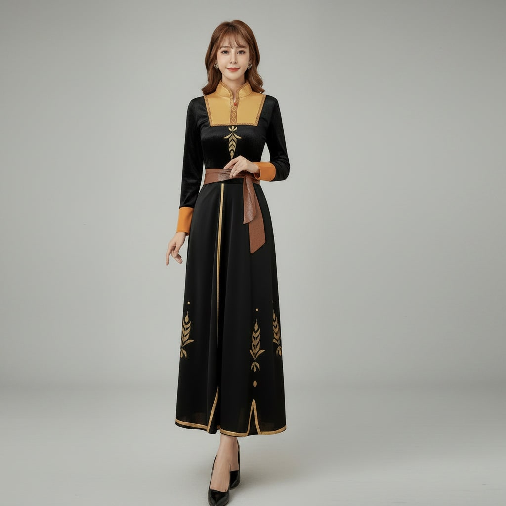 Halloween Anna Adult Princess Costume Dress with Cape Wheat Embroidery and Mandarin Collar