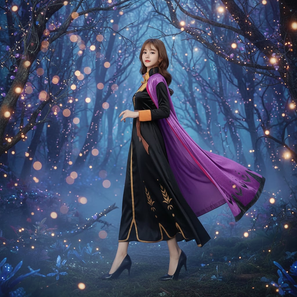 Halloween Anna Adult Princess Costume Dress with Cape Wheat Embroidery and Mandarin Collar