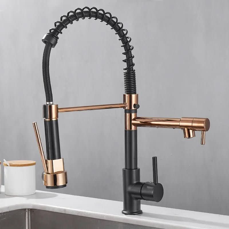 DualFlow Kitchen Tap – Black & Gold Brass Faucet with Dual Spout and Single-Lever Control
