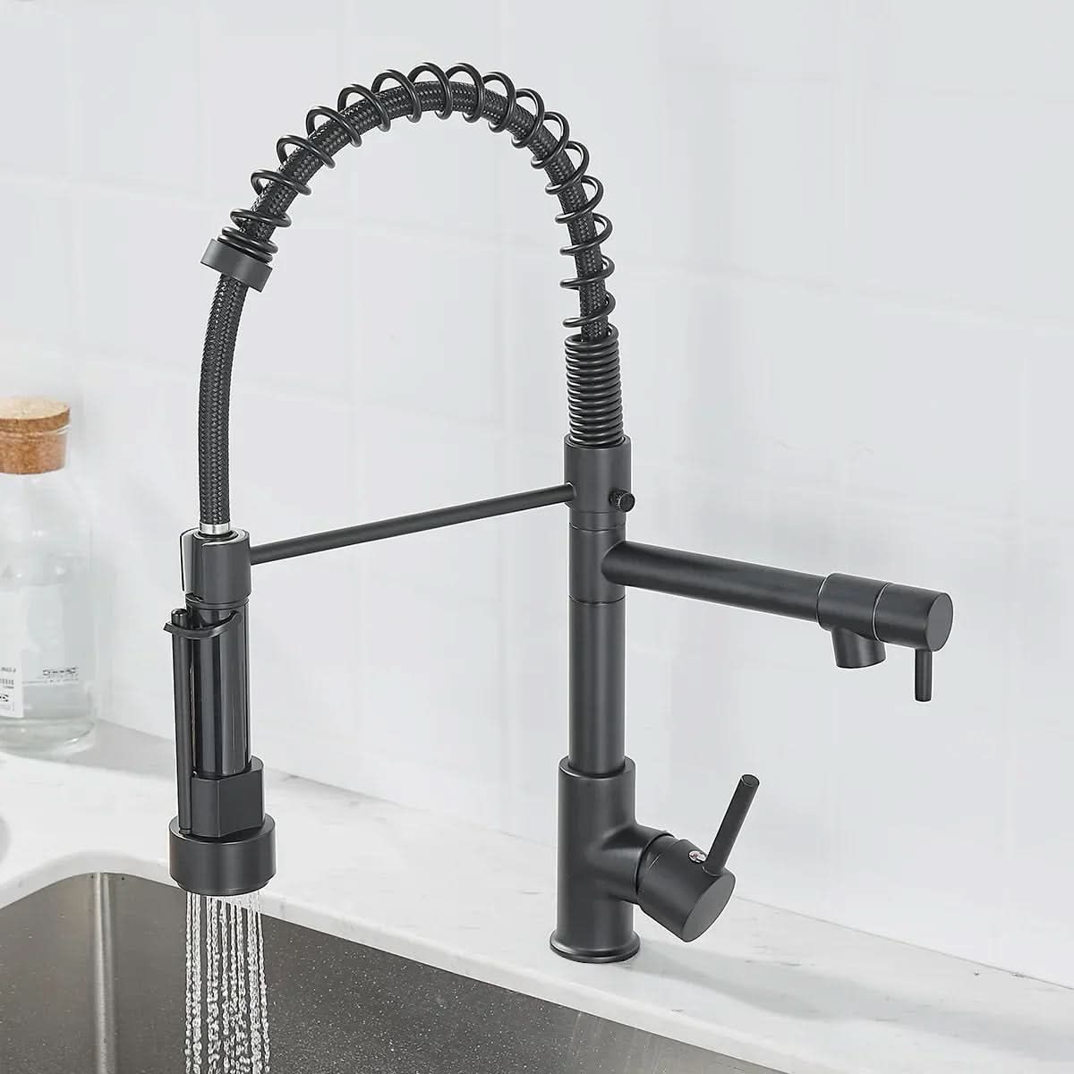 DualFlow Kitchen Tap – Black & Gold Brass Faucet with Dual Spout and Single-Lever Control