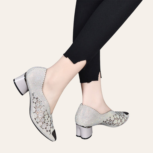 Hollow mesh sandals with rhinestone and chunky heel