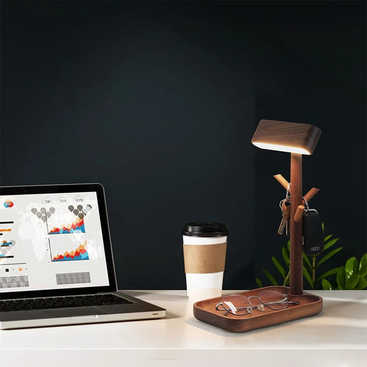 Solid Wood Desk Lamps Dimmable Small Rechargeable Magnetic Wall Lights Flashlight Storage Tray with LED Light for Bedroom