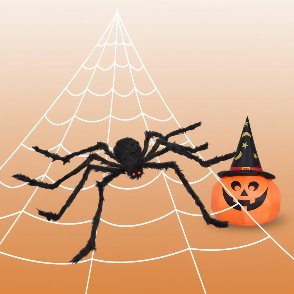 Halloween Giant Poseable Spider Decoration with Fuzzy Fur Red Eyes and Stretchy Web for Yard Party