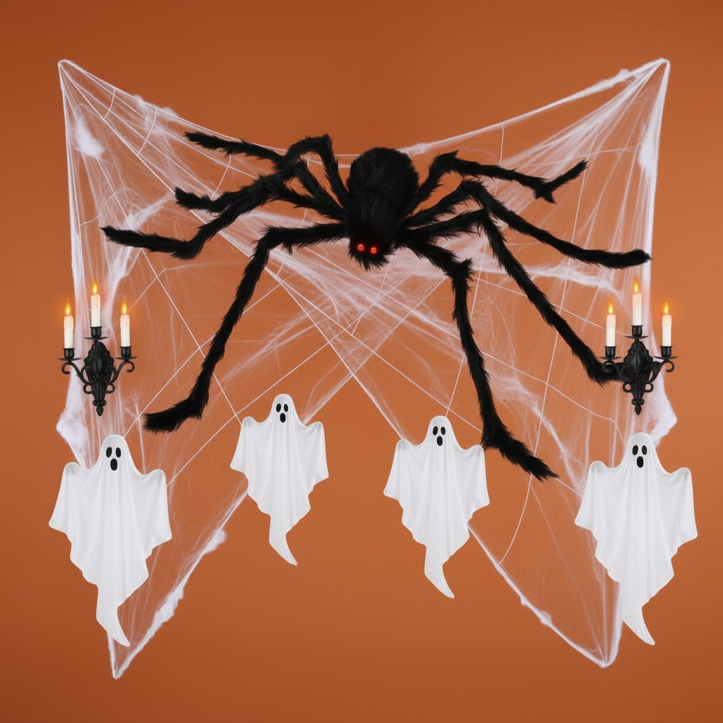 Halloween Giant Poseable Spider Decoration with Fuzzy Fur Red Eyes and Stretchy Web for Yard Party