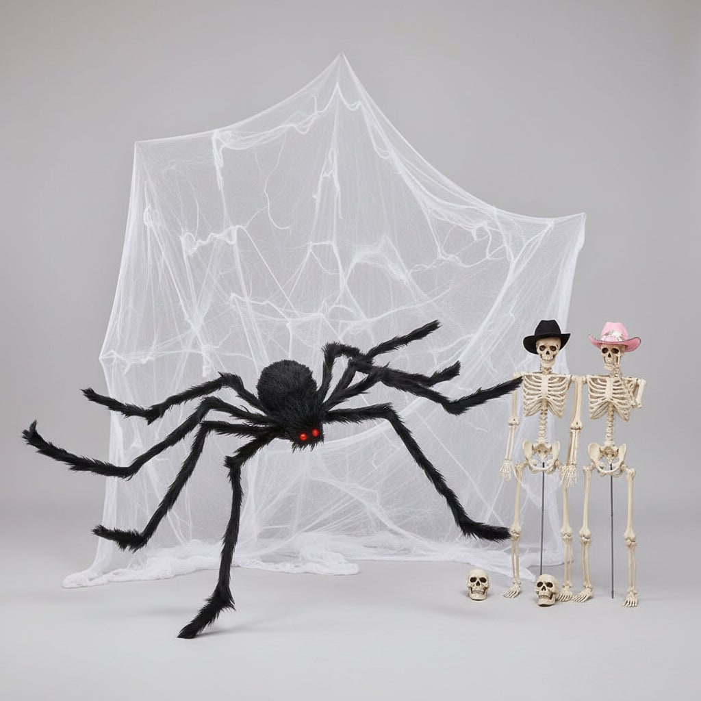 Halloween Giant Poseable Spider Decoration with Fuzzy Fur Red Eyes and Stretchy Web for Yard Party