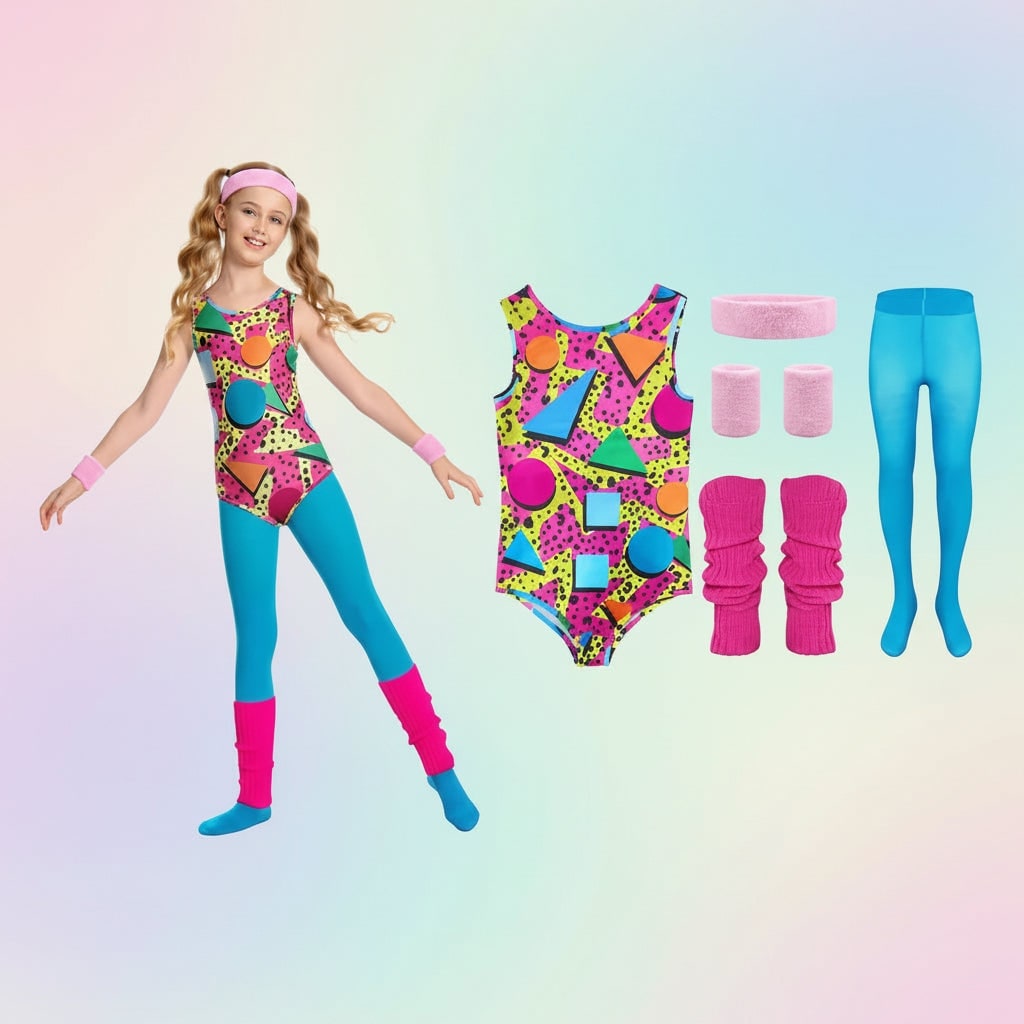 Girls' Halloween 80s Costume Party Outfit Workout Aerobics Leotard Leggings Leg Warmers Set