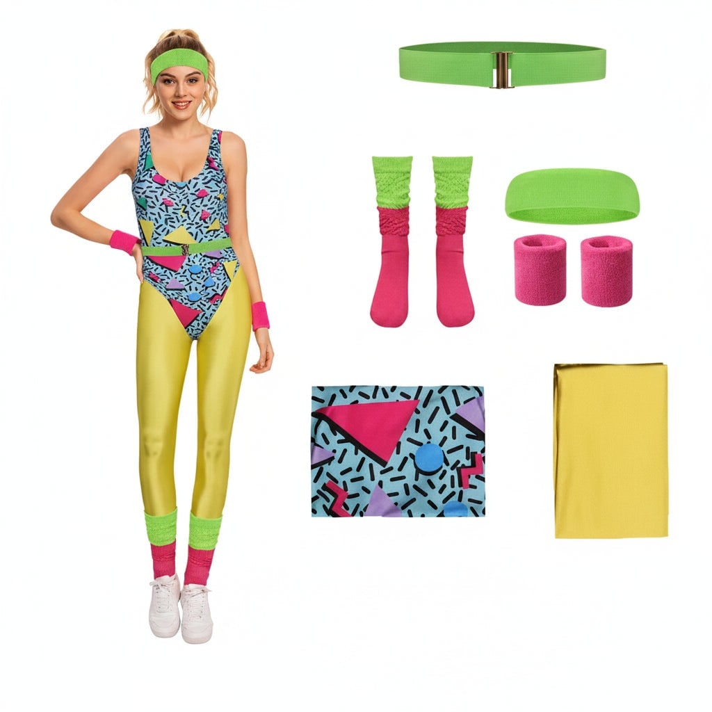 Girls' Halloween 80s Costume Party Outfit Workout Aerobics Leotard Leggings Leg Warmers Set