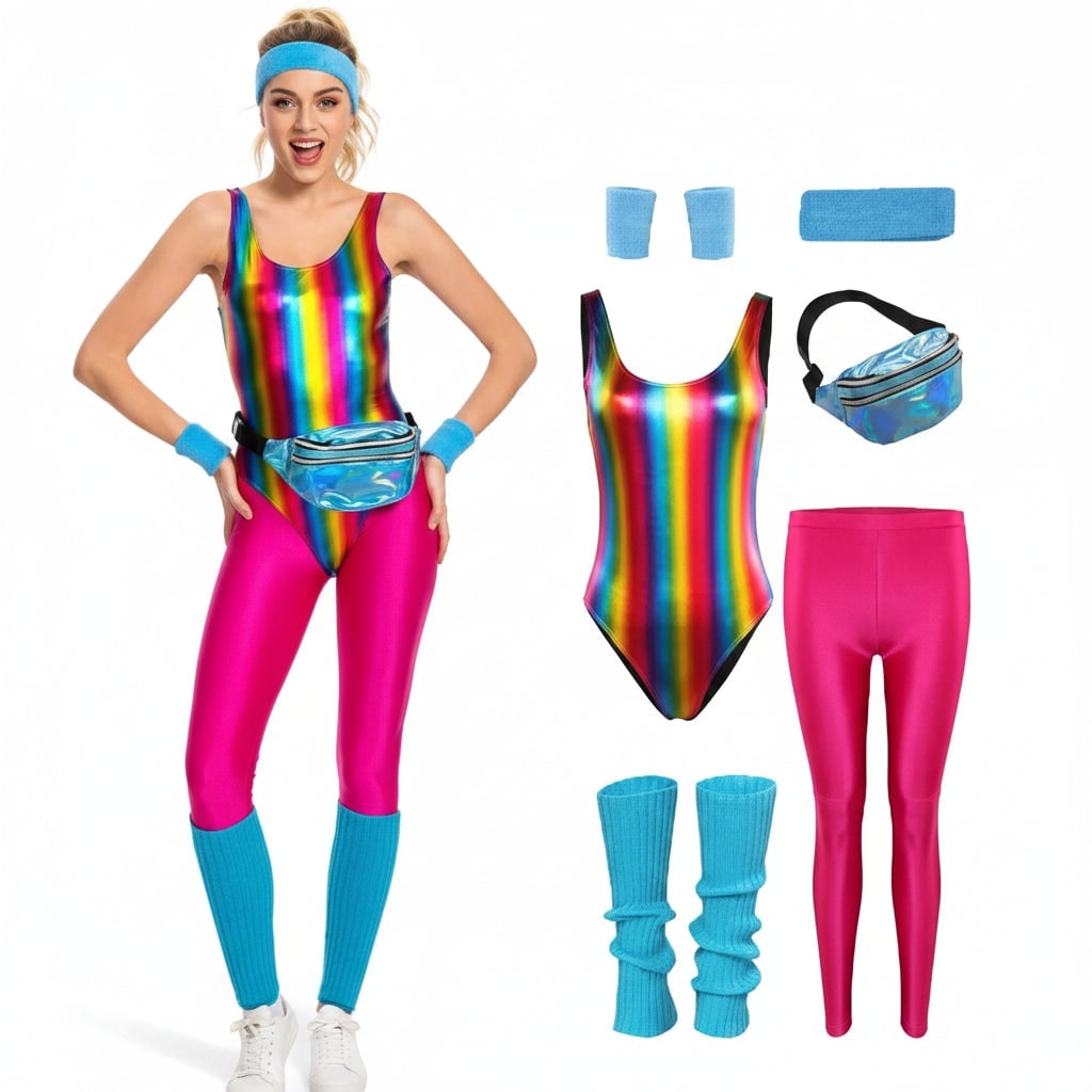 Girls' Halloween 80s Costume Party Outfit Workout Aerobics Leotard Leggings Leg Warmers Set